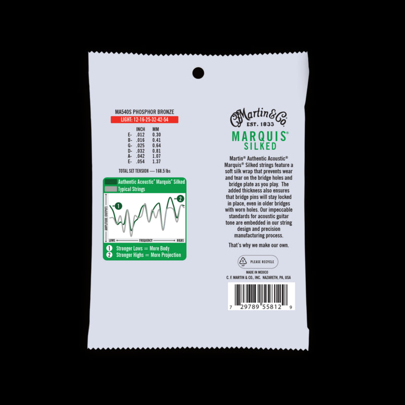 Martin Acoustic Strings, 92/8 Phosphor Bronze, Light 12 - Silked MA540S