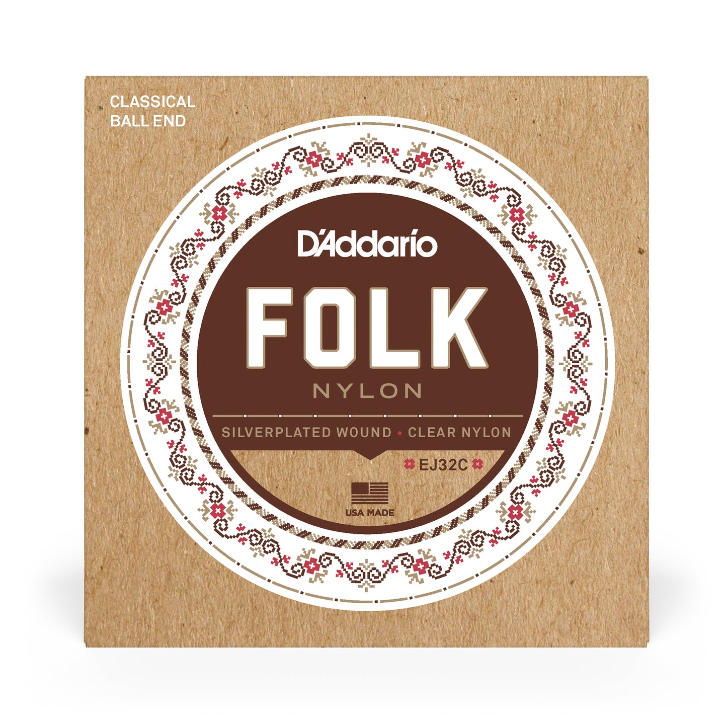 D'Addario Normal Tension Ball End, Silver-Wound/Clear Nylon, Folk Nylon Classical Guitar Strings