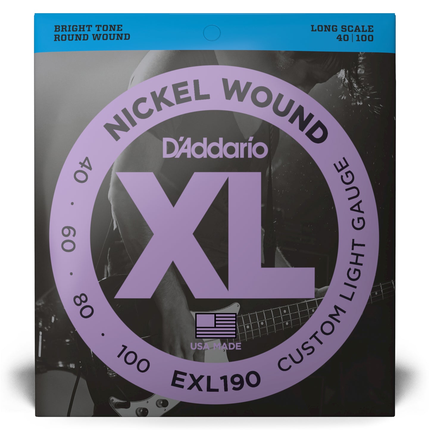 D'Addario EXL190 Nickel Wound Bass Guitar Strings, Custom Light, 40-100, Long Scale EXL190