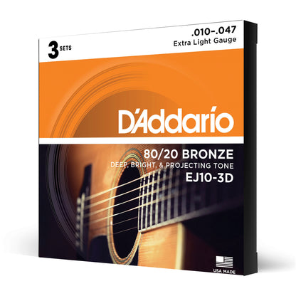 D'Addario EJ10-3D Bronze Acoustic Guitar Strings, Extra Light, 10-47, 3 Sets