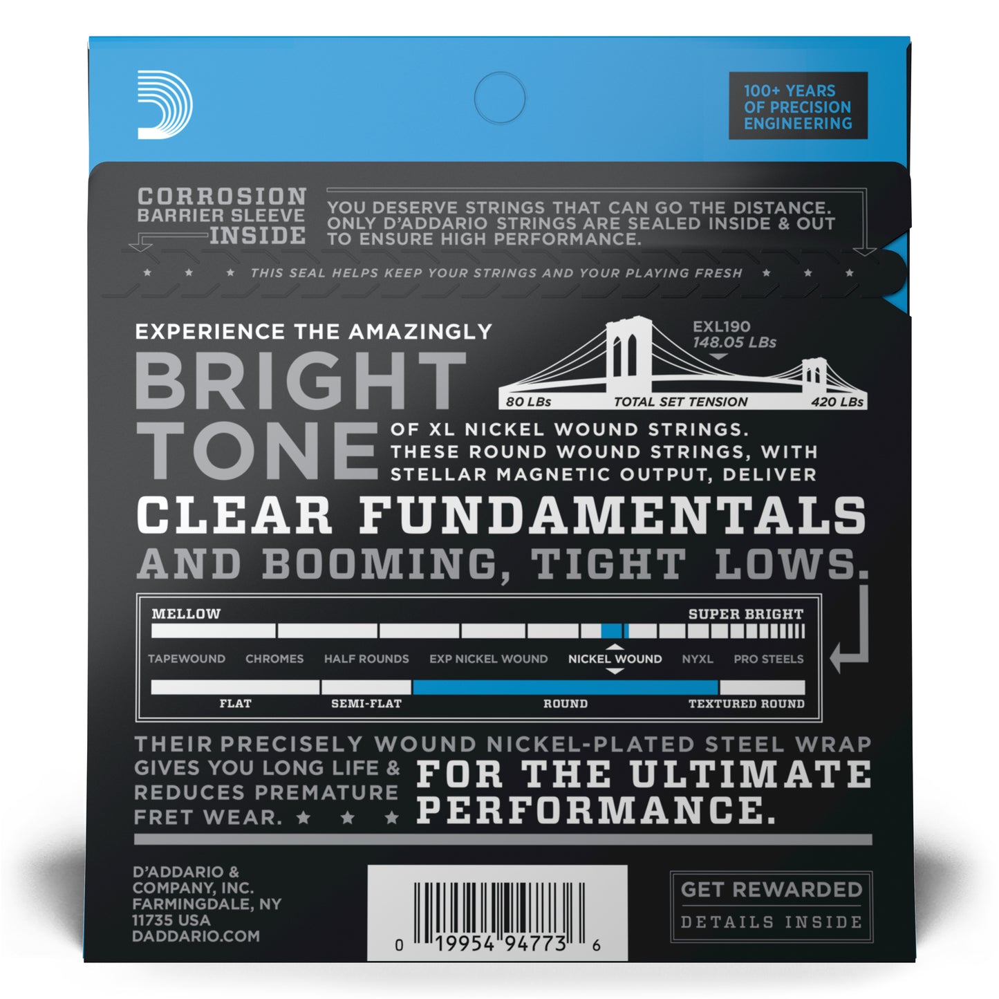 D'Addario EXL190 Nickel Wound Bass Guitar Strings, Custom Light, 40-100, Long Scale EXL190