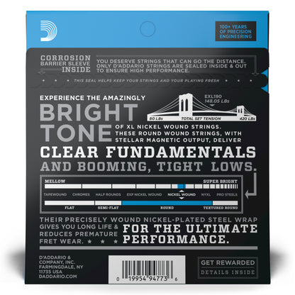D'Addario EXL190 Nickel Wound Bass Guitar Strings, Custom Light, 40-100, Long Scale EXL190