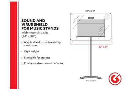 Sound and Virus Shield for Music Stand Single Clear 24“ X 30” Panel With Clips